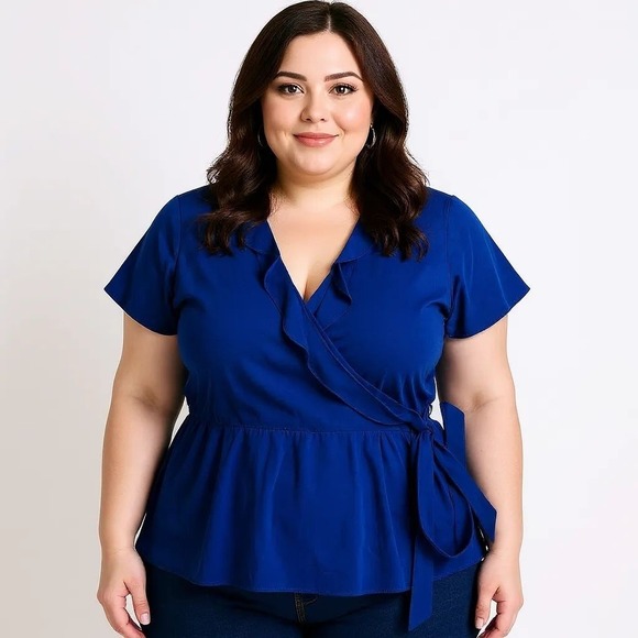 City Chic Tops - City Chic Women's Blue Ruffle Wrap Blouse Top Plus‎ Size 2X 20 NWT